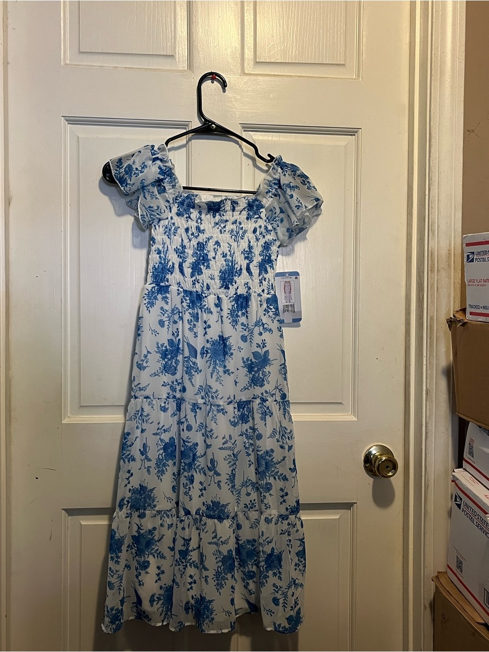 Rare Editions White and Blue Floral Smocked Midi Dress